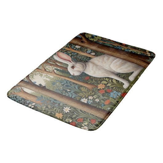 Elegantes Retro-Boho weißes Kaninchenwald mit Blüt Badematte (Schrägansicht)