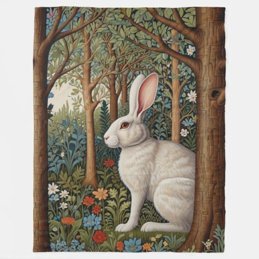 Elegantes Retro-Boho weißes Kaninchenwald mit Blüt Fleecedecke (Vorderseite)