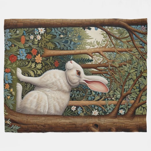 Elegantes Retro-Boho weißes Kaninchenwald mit Blüt Fleecedecke (Vorderseite (Horizontal))