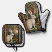 Elegantes Retro-Boho weißes Kaninchenwald mit Blüt Ofenhandschuh & Topflappen-Set (Vorderseite/Rückseite)