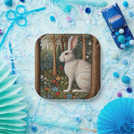 Elegantes Retro-Boho weißes Kaninchenwald mit Blüt Pappteller (Party)