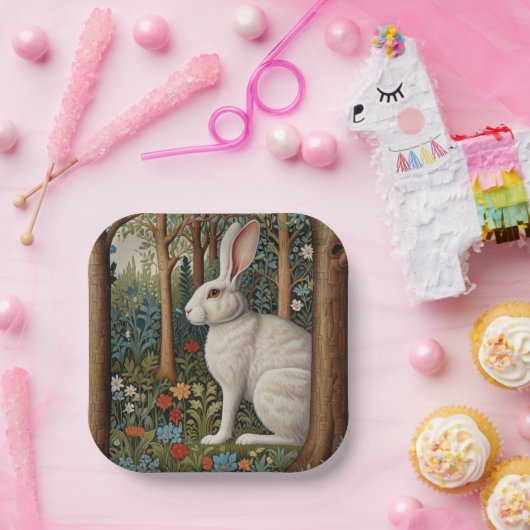 Elegantes Retro-Boho weißes Kaninchenwald mit Blüt Pappteller (Party)