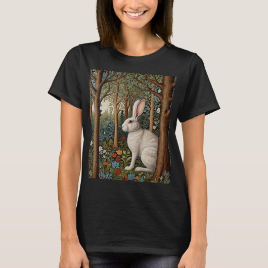 Elegantes Retro-Boho weißes Kaninchenwald mit Blüt T-Shirt (Vorderseite)