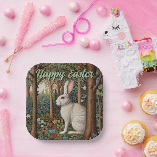 Elegantes Retro-Boho weißes Kaninchenwald Ostern Pappteller (Party)
