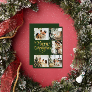 Elegantes Retro Grün & Gold Frohe Weihnachten Fami Folien Feiertagskarte