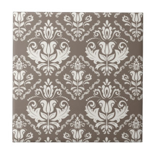 Elegantes Retro Ivory Damask Brocade Brown Muster Fliese