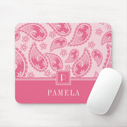 Elegantes Retro Pink Paisley Muster Monogramm Mousepad (Mit Mouse)