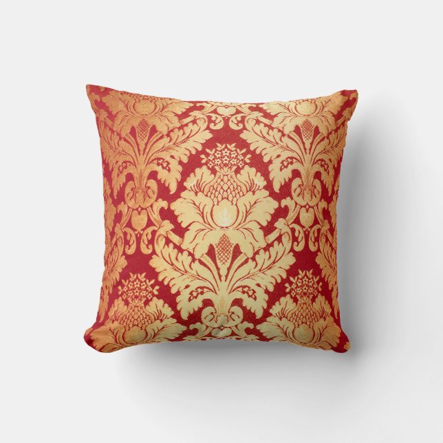 Elegantes Retro rotes Golddamast-Luxusmuster Kissen (Vorderseite)