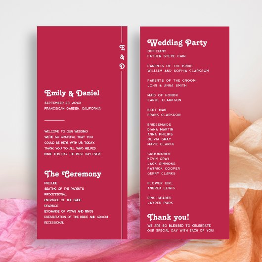 Elegantes Retro-Sommer-Rosé-Hochzeitsprogramm mit Programm