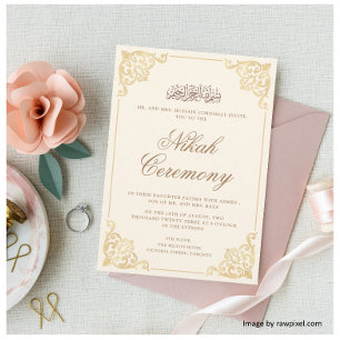 Elegantes Rokoko-Monogramm Gold Creme Nikah-Zeremo Einladung