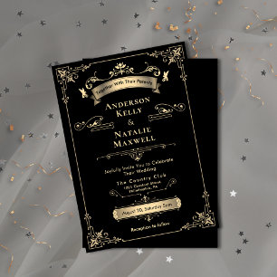 Elegantes Rokoko-Ornament Schwarz & Goldene Hochze Einladung