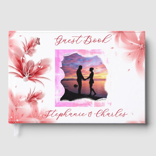 Elegantes romanisches Schmetterling Rosa Blume Blu Gästebuch (Vorderseite)