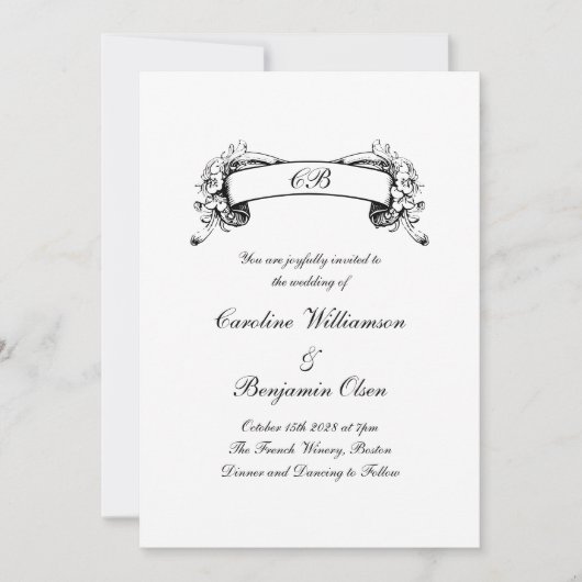 Elegantes romantisches Banner Schwarz/Weiß Hochzei Einladung (Vorderseite)