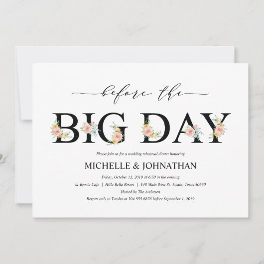 Elegantes romantisches Hochzeitsdinner Probe Einladung (Vorderseite)