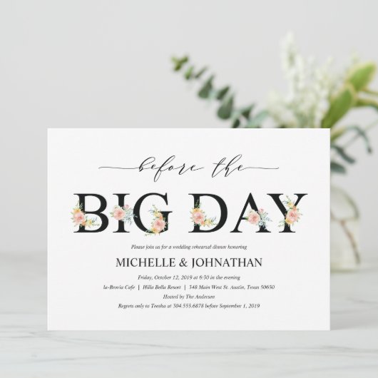 Elegantes romantisches Hochzeitsdinner Probe Einladung (Stehend Vorderseite)