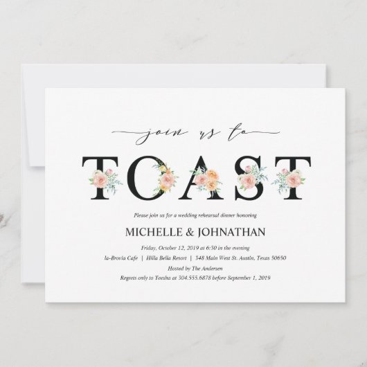 Elegantes romantisches Hochzeitsdinner Probe Einladung (Vorderseite)