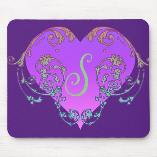 Elegantes, romantisches Lila Herz mit Blüh Mousepad (Vorne)