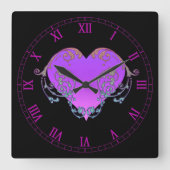 Elegantes, romantisches Lila Herz mit Blüh Quadratische Wanduhr (Vorderseite)