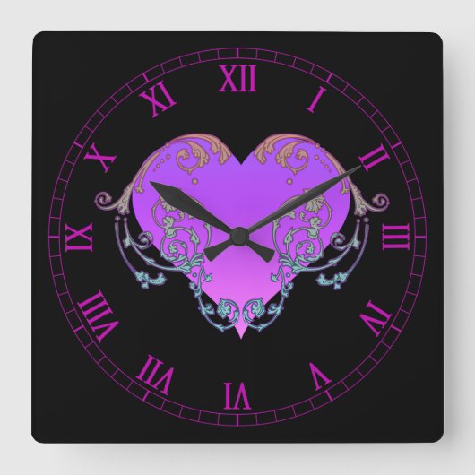 Elegantes, romantisches Lila Herz mit Blüh Quadratische Wanduhr (Vorderseite)