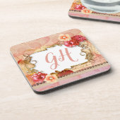 Elegantes Romantisches Pfirsichrosa Mit Monogramm Getränkeuntersetzer (Linke Seite)