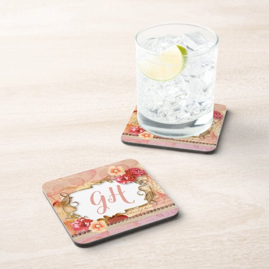 Elegantes Romantisches Pfirsichrosa Mit Monogramm Getränkeuntersetzer (Rechte Seite)