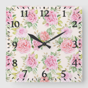 Elegantes romantisches Rosen-Blumenmuster Quadratische Wanduhr