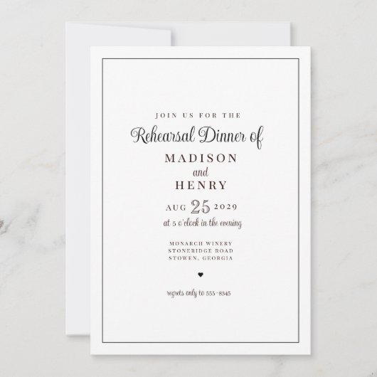 Elegantes romantisches Schwarz-Weiß-Probe-Dinner Einladung (Vorderseite)