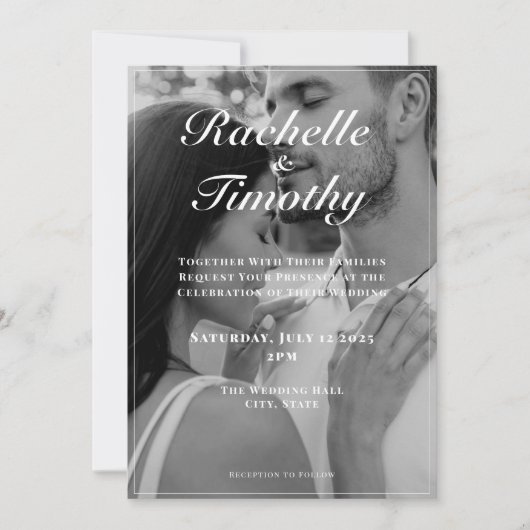Elegantes romantisches Schwarz-weißes 1 Foto Hochz Einladung (Vorderseite)
