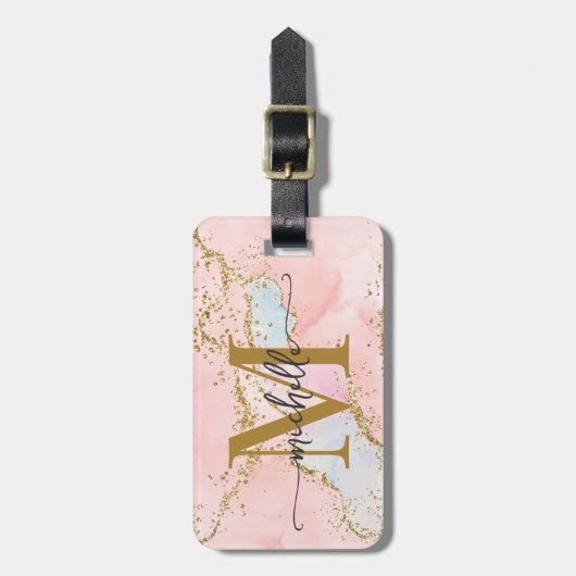 Elegantes rosa Agate Monogram, Initialskript Gepäckanhänger (Vorderseite vertikal)