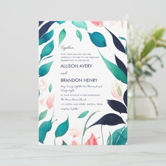 Elegantes, rosa Aquamarines blaues Aquarellfarben Einladung (Stehend Vorderseite)