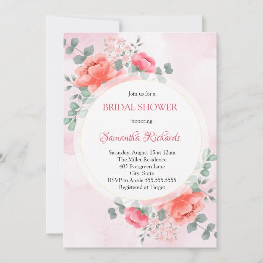 Elegantes, rosa Aquarell Blume Brautparty Einladung (Vorderseite)