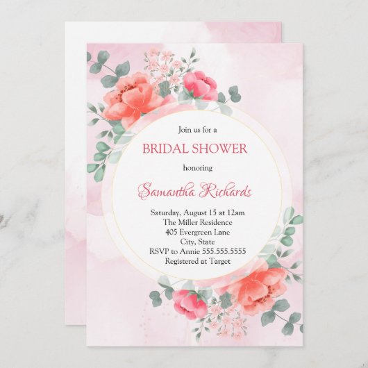 Elegantes, rosa Aquarell Blume Brautparty Einladung (Vorne/Hinten)