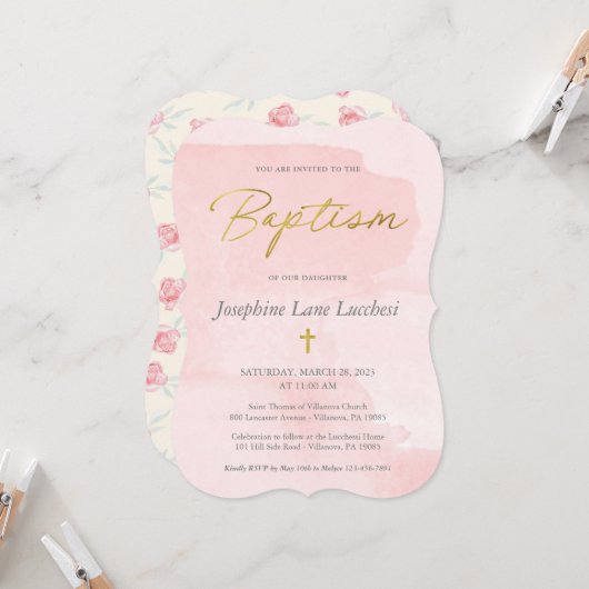 Elegantes Rosa Aquarell und Goldtaufe Inv Einladung (Vorderseite/Rückseite Beispiel)