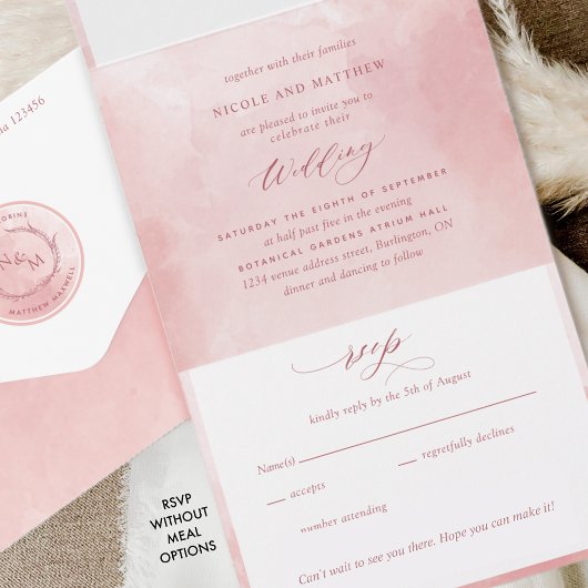 Elegantes Rosa Aquarellfarbenmonogramm Hochzeit All In One Einladung
