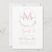 Elegantes rosa Aquarellfarbenmonogramm Sweet 16 Einladung (Vorderseite)