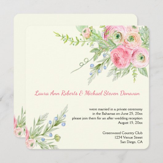 Elegantes rosa Aquarellpapier Rose Hochzeiten Einladung (Vorne/Hinten)