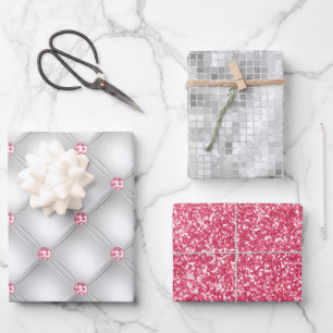 Elegantes Rosa Bling Silberner Glitzer Geschenk Geschenkpapier Set