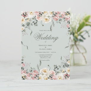 Elegantes Rosa Bliush Elfenbein Florales Hochzeits Einladung