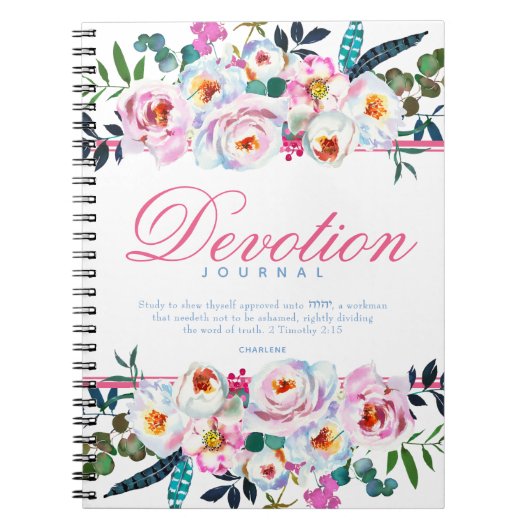 Elegantes Rosa Blue Floral Named Devotion Journal Notizblock (Vorderseite)