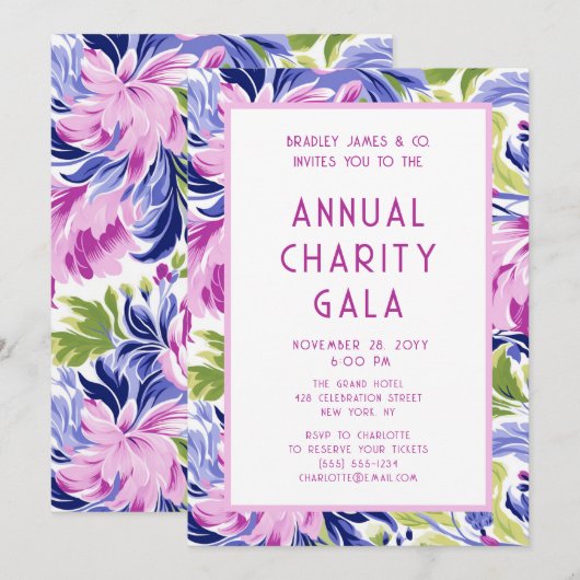 Elegantes Rosa Blue Floral Wohltätigkeit Event Gal Einladung (Vorne/Hinten)