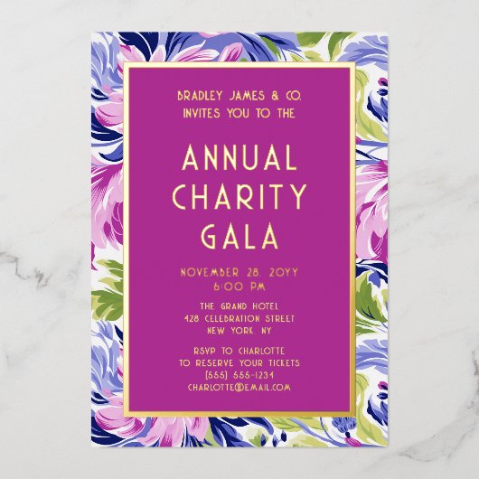 Elegantes Rosa Blue Floral Wohltätigkeit Event Gal Folieneinladung (Vorderseite)