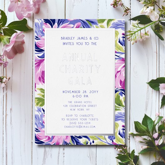 Elegantes Rosa Blue Floral Wohltätigkeit Event Gal Folieneinladung