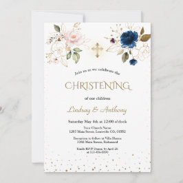 Elegantes Rosa Blue Gold Floral Twins Christening Einladung