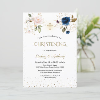 Elegantes Rosa Blue Gold Floral Twins Christening Einladung
