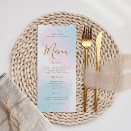 Elegantes Rosa Blue Watercolor Gold Splash Hochzei Menükarte