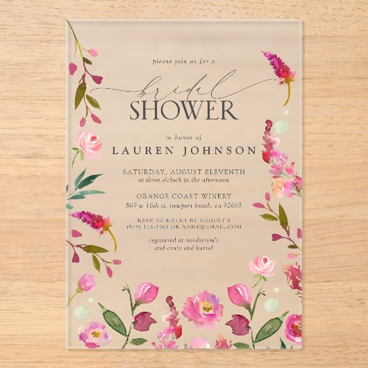 Elegantes rosa Blume Brautparty Acryleinladungen (Vorderseite)