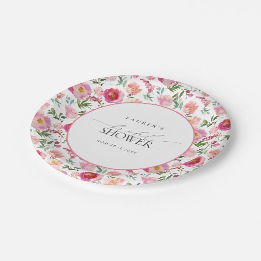 Elegantes rosa Blume Brautparty Pappteller (Schrägansicht)