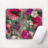 Elegantes rosa Blume, graues Monogramm Mousepad (Mit Mouse)