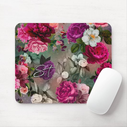 Elegantes rosa Blume, graues Monogramm Mousepad (Mit Mouse)
