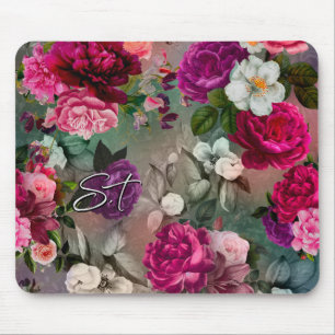 Elegantes rosa Blume, graues Monogramm Mousepad